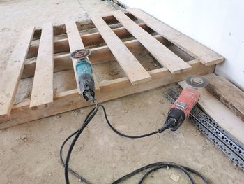 High angle view of man working on wood