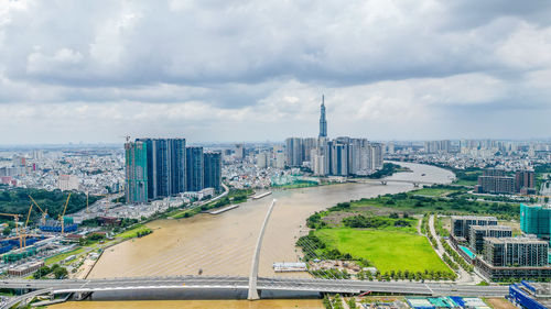 High angle view of cityscape against sky
