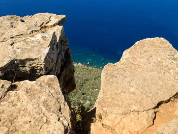 Rocks by sea against blue sky