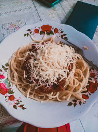 High angle view of food in plate on table