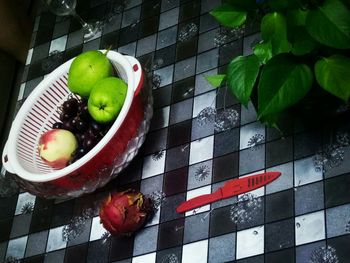 High angle view of fruits in bowl on table