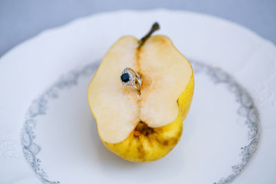 High angle view of chopped fruit in plate