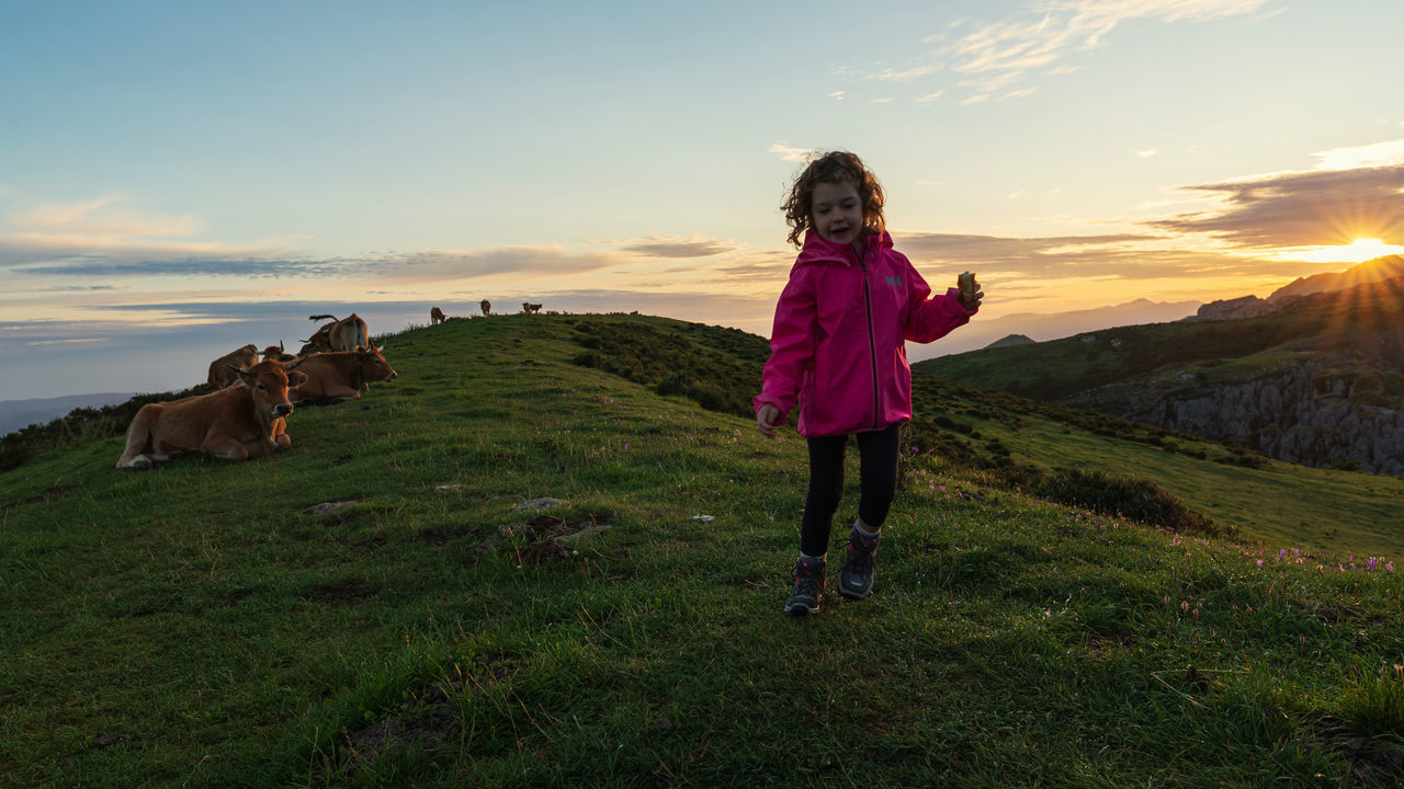 REAR VIEW OF GIRL ON FIELD DURING SUNSET