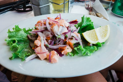 High angle view of salad in plate on table