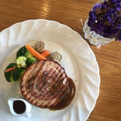 High angle view of food in plate on table