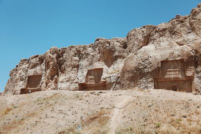 Low angle view of old ruin against clear sky