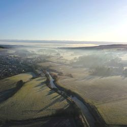 High angle view of land against clear sky