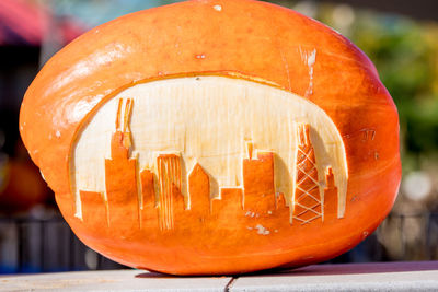 Close-up of carved pumpkin on table