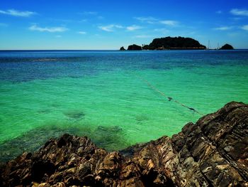 Scenic view of sea against blue sky