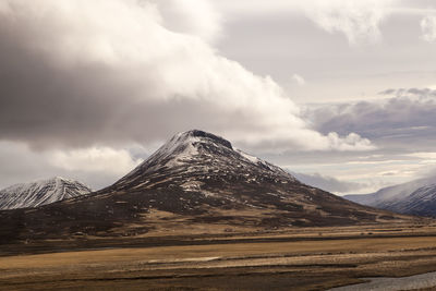 Wide lens capture of volcanic mountain landscape in spring, iceland