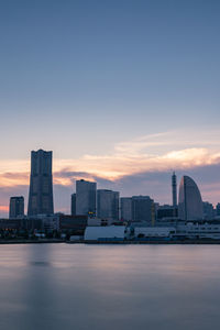 Minato mirai skyline during the sunset with the reflection in the sea. long exposure.