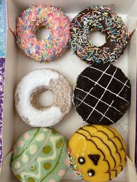 High angle view of donuts on table