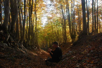 Side view of man using phone while sitting in forest
