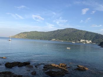 Scenic view of bay against sky