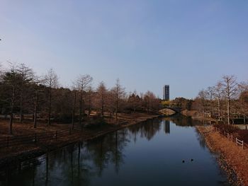 Reflection of trees in water against clear sky