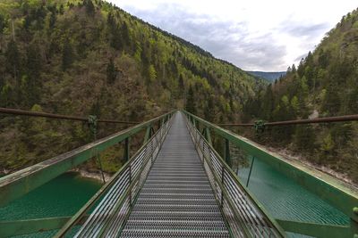 Footbridge amidst trees and mountains against sky