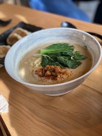 High angle view of soup in bowl on table