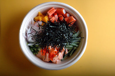 High angle view of chopped vegetables in bowl