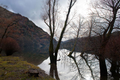 Scenic view of river and mountains against sky
