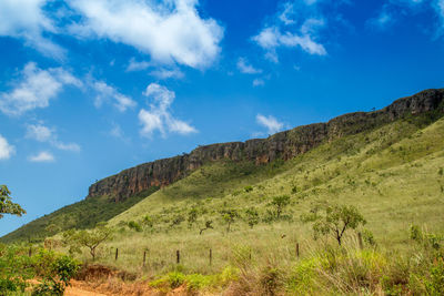 Scenic view of mountains against blue sky