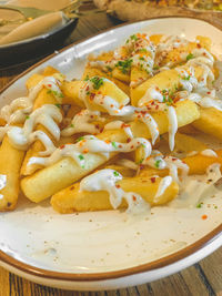 High angle view of food served in plate