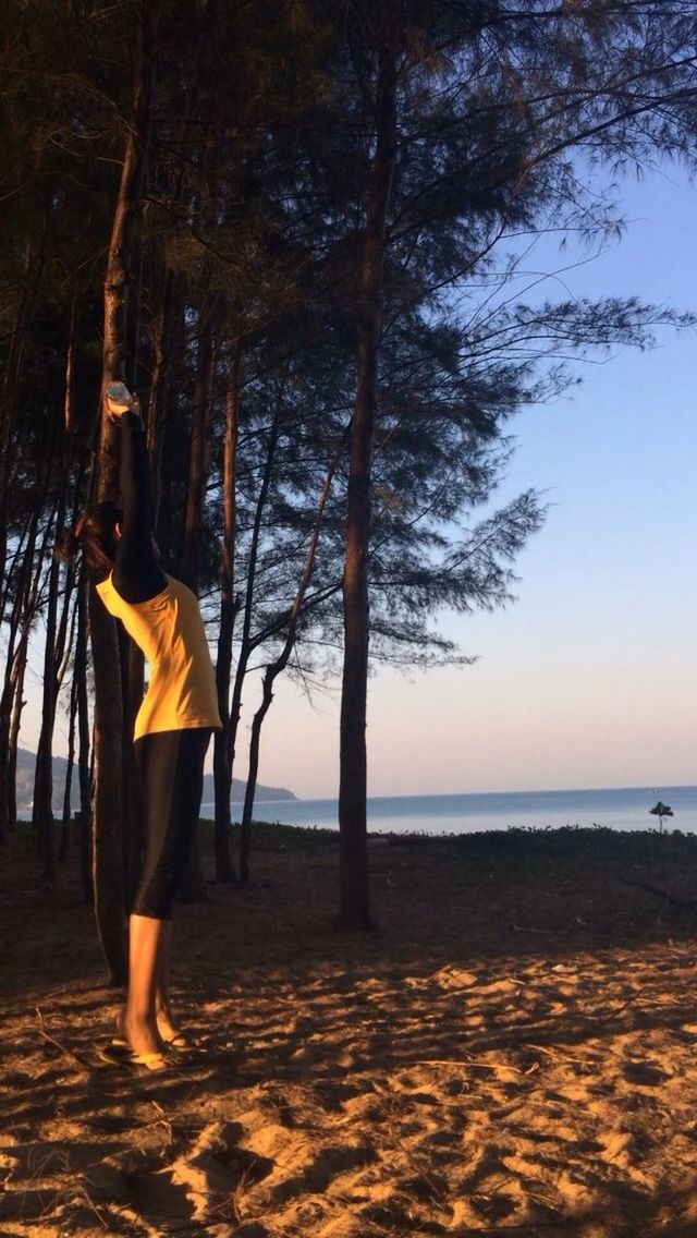 tree, leisure activity, lifestyles, tranquility, beach, tranquil scene, full length, tree trunk, scenics, beauty in nature, sea, nature, rear view, water, standing, shore, sky, vacations