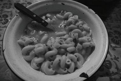 High angle view of eggs in plate