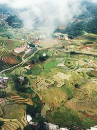 High angle view of agricultural field against sky