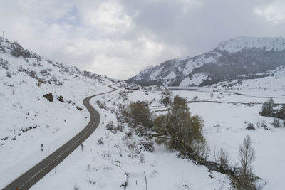 Snowy reservoir from aerial view