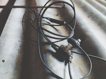 High angle view of rope on table