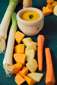 Freshly made pumpkin purée with its ingredients on a green background