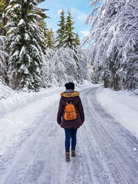 Rear view of person standing on snow covered plants