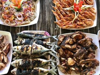 Directly above shot of seafood served in plate on table