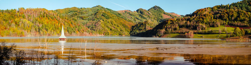 Scenic view of lake by trees against sky