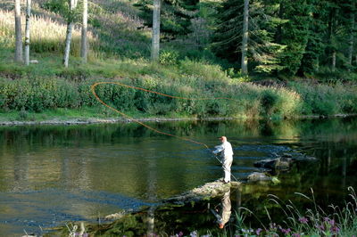 Reflection of man in lake