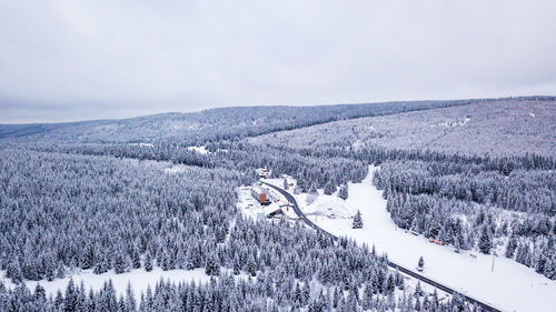 Aerial view of snow covered landscape