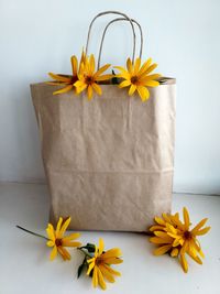 Close-up of yellow flowering plant in the paper bag against wall