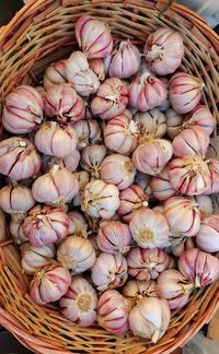 High angle view of garlic in basket