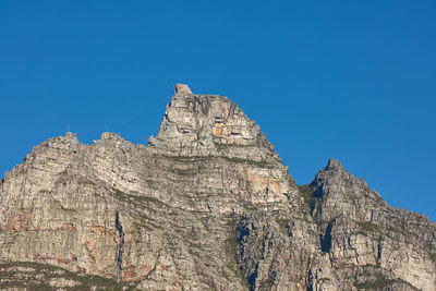 Low angle view of rock formations against clear blue sky