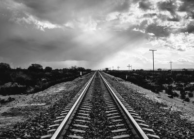 Railroad tracks on landscape against cloudy sky