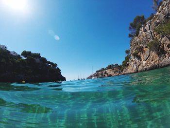 Scenic view of sea against clear blue sky