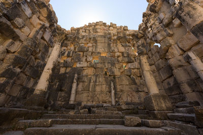 Low angle view of old ruin building against sky