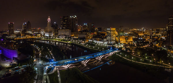 High angle view of illuminated city at night