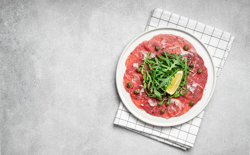 High angle view of food in plate on table