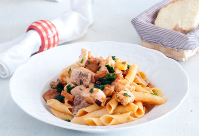 High angle view of pasta in plate on table