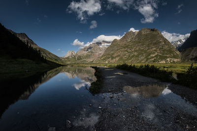 Scenic view of lake and mountains against sky