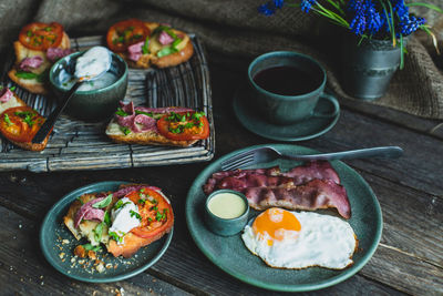High angle view of breakfast served on table