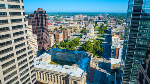 High angle view of buildings in city