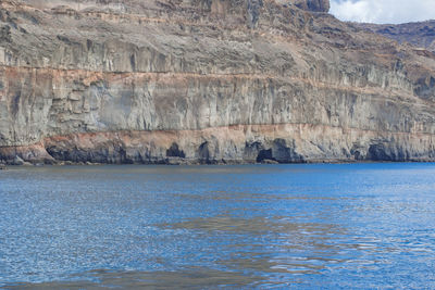 Scenic view of sea by mountain against sky