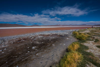 Scenic view of lake against cloudy sky